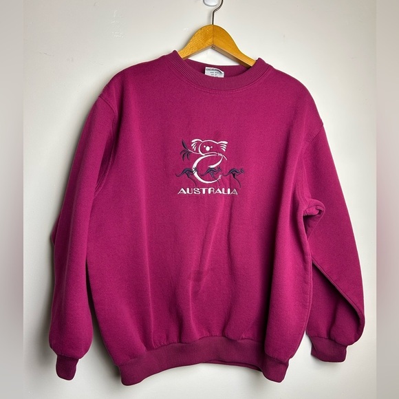 VTG Australia Made L women Sweatshirt Embroidery kangaroo koala Pink Fleece - Picture 1 of 15